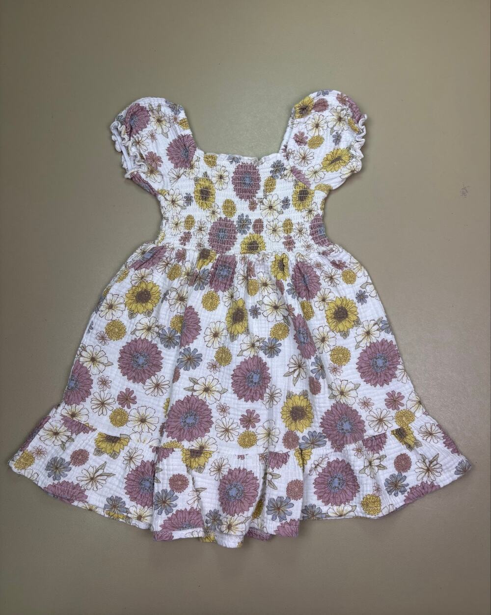 Chickpea Organic Girls Size 4 Floral Smocked Puff Sleeve Tiered Dress EUC